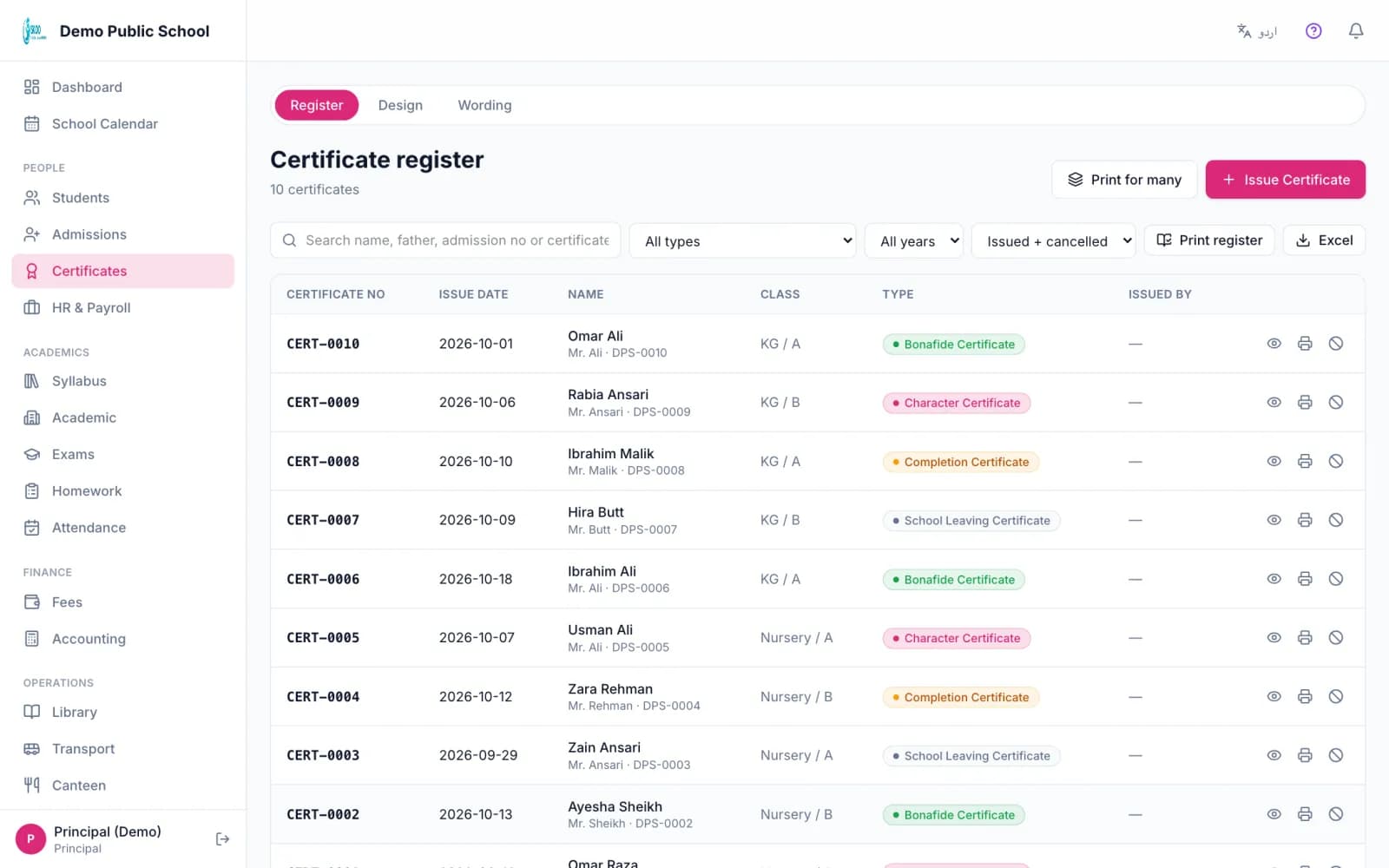 Skoo certificate register with certificate numbers, dates, names and types