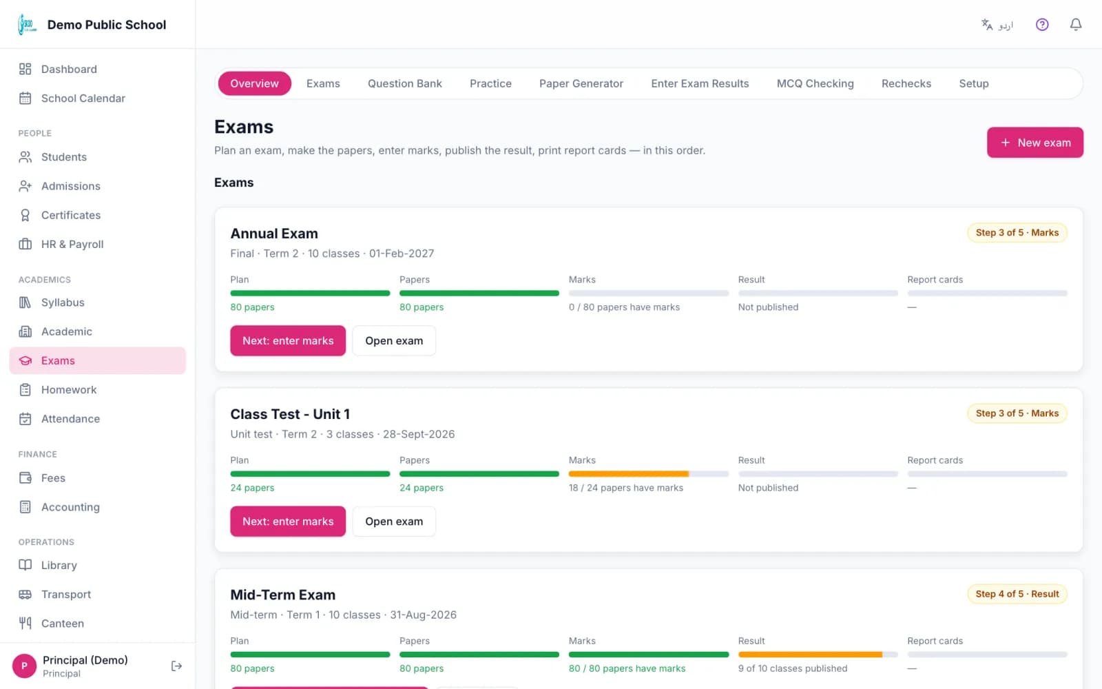 Skoo exams overview showing each exam with progress for plan, papers, marks, result and report cards