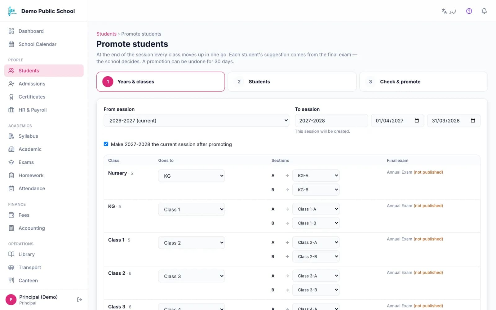 Skoo promote students wizard mapping each class to the next class and sections