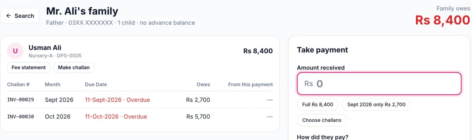 Skoo fee counter showing a family with two overdue challans and an amount box