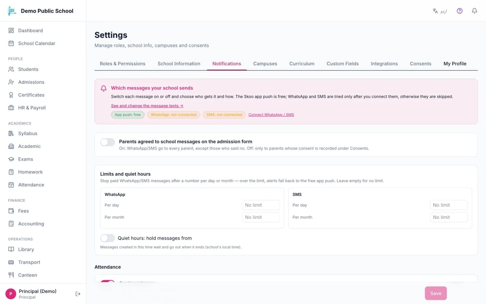 Skoo notification settings with channel status, limits and quiet hours