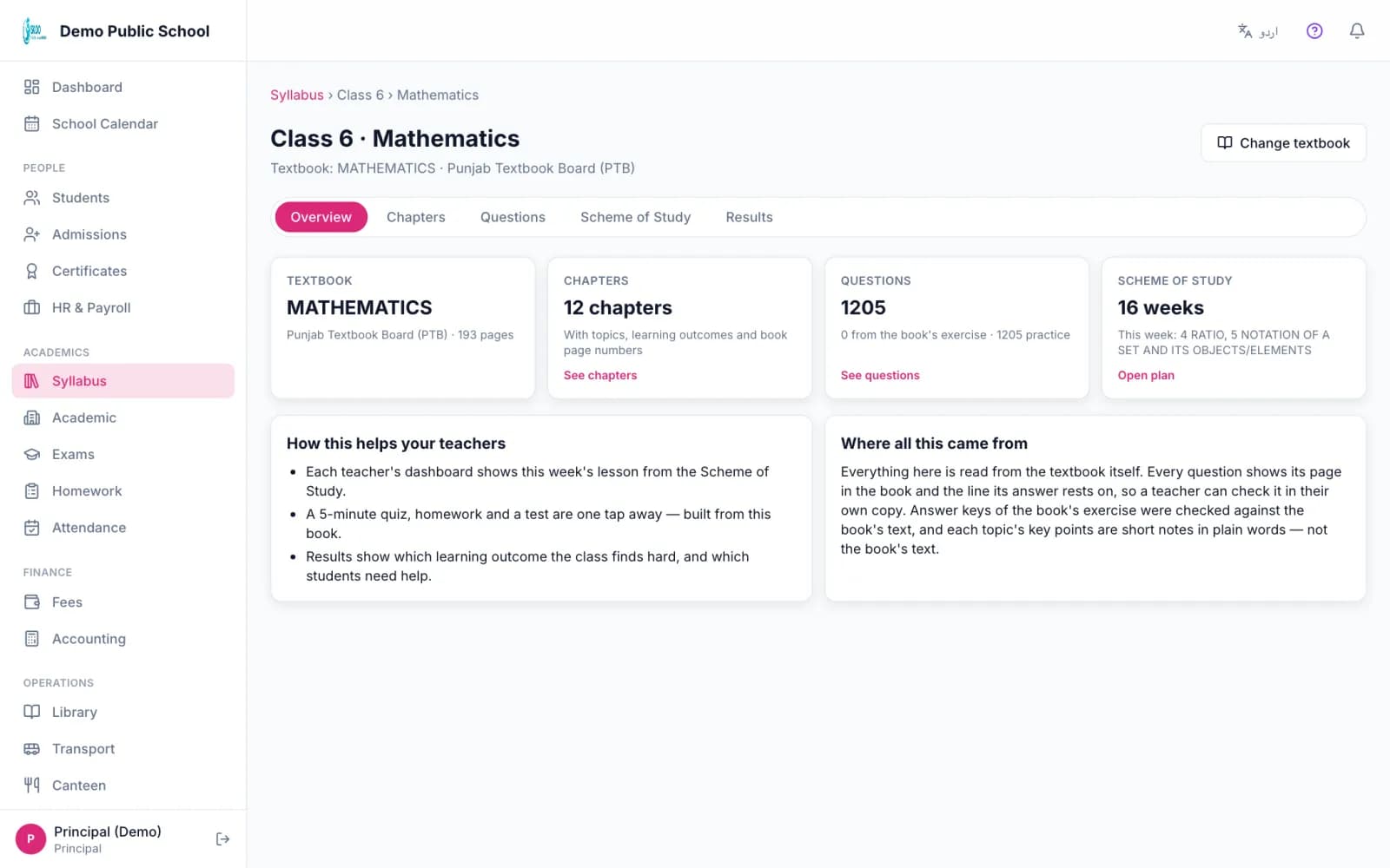 Skoo Class 6 Mathematics page with tabs for chapters, questions, Scheme of Study and results